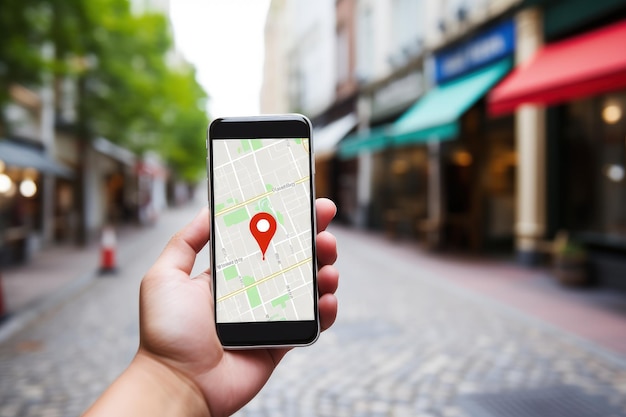 Фото Рука держит смартфон с приложением gps-навигации и значком местоположения на размытой торговой улице ai
