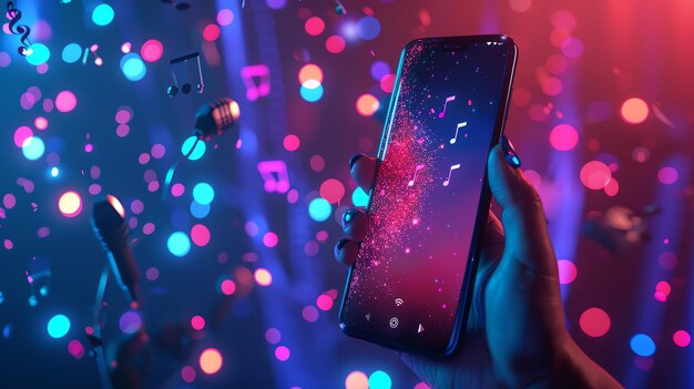 A hand holding a smartphone with a music app on the screen The background is a blurred image of a concert with colorful lights