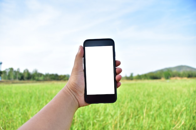 hand holding smartphone with nature background