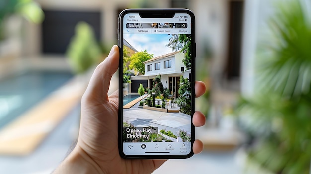 Foto una mano che tiene uno smartphone con un'app immobiliare tirata su l'app mostra una foto di una casa moderna con una piscina