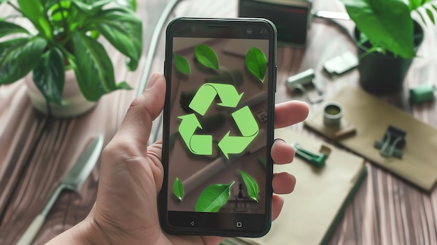 Photo a hand holding a smartphone with a recycling symbol on the screen the background is a blurred image of a desk with plants and other objects