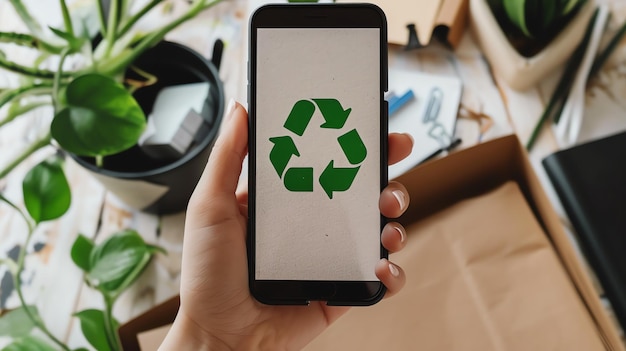 A hand holding a smartphone with a recycling symbol on the screen The hand is holding the phone in front of a plant