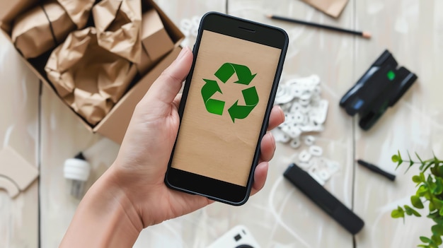 A hand holding a smartphone with a recycling symbol on the screen