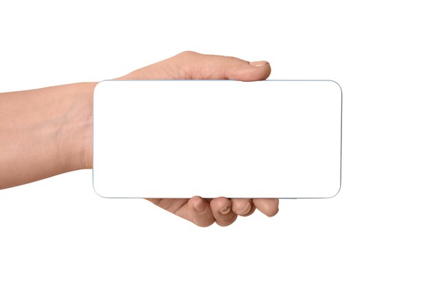 Photo hand holding smartphone with white screen isolated on white background