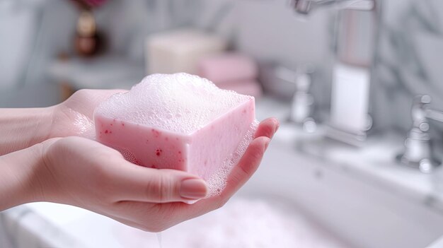 Hand holding soap bar spa nature Banner background design