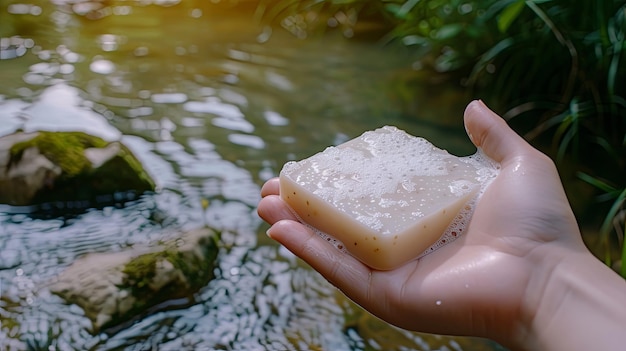 Hand holding soap bar spa nature Banner background design