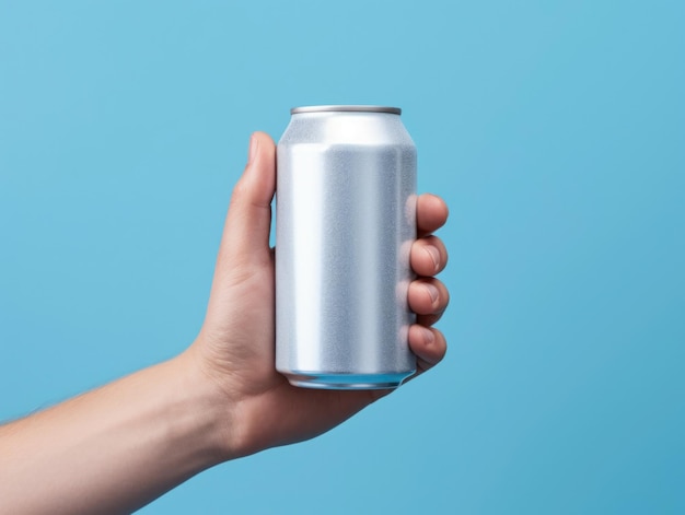 Photo hand holding soda can mockup drink