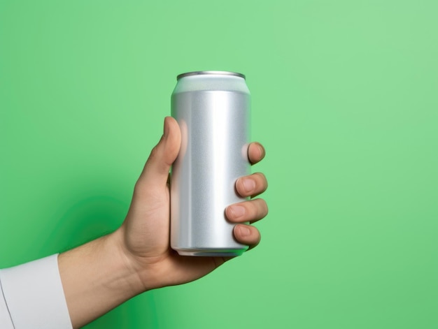 Hand holding soda can mockup drink