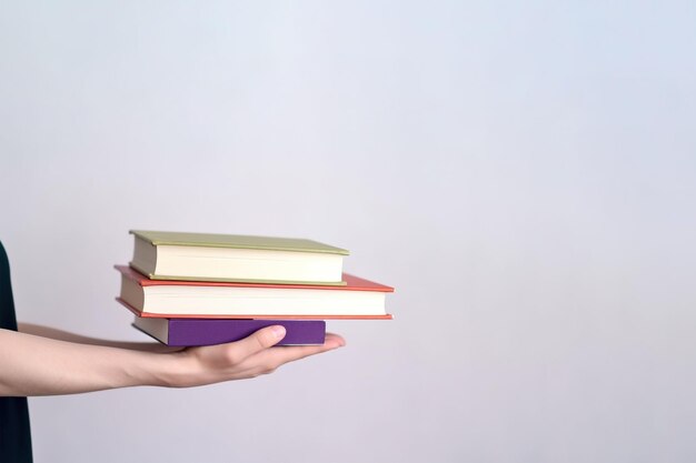 Hand holding some books on pastel background with copy space