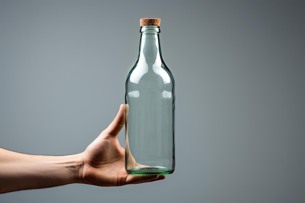 A hand holding something like a bottle on grey backgrounds