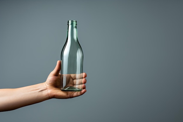 A hand holding something like a bottle on grey backgrounds