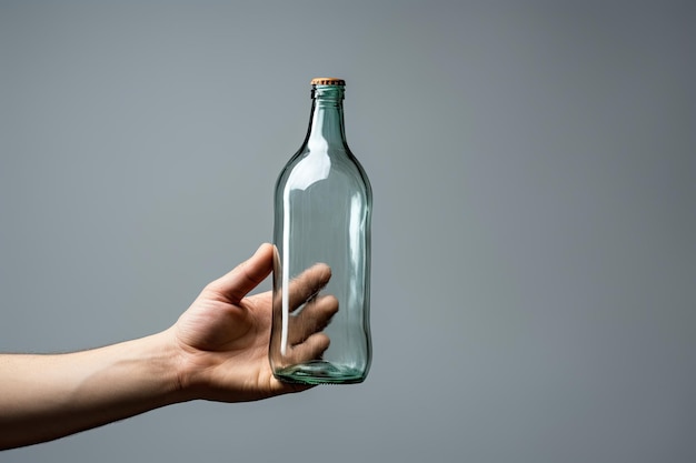 A hand holding something like a bottle on grey backgrounds