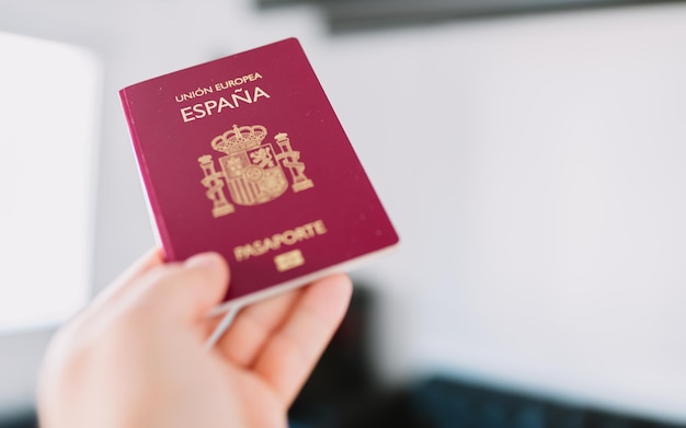 Hand holding a Spanish passport