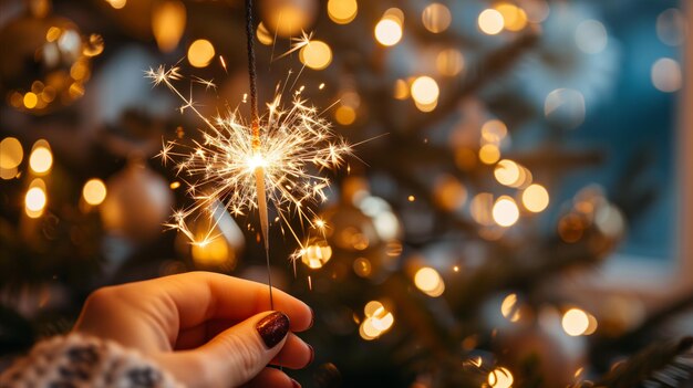 Hand holding sparkler in front of christmas tree holiday celebration