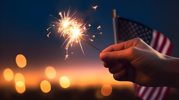 A hand holding a sparkler with the american flag in the background