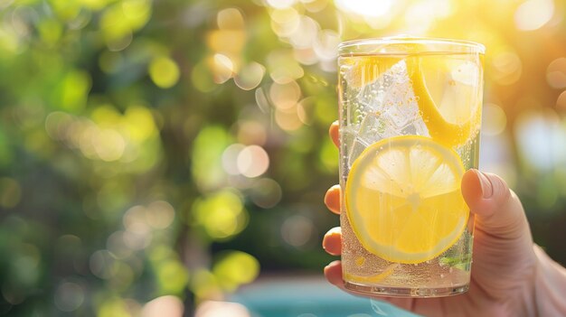 Hand holding a sparkling lemonade with fresh lemon slices against a sunny bokeh background