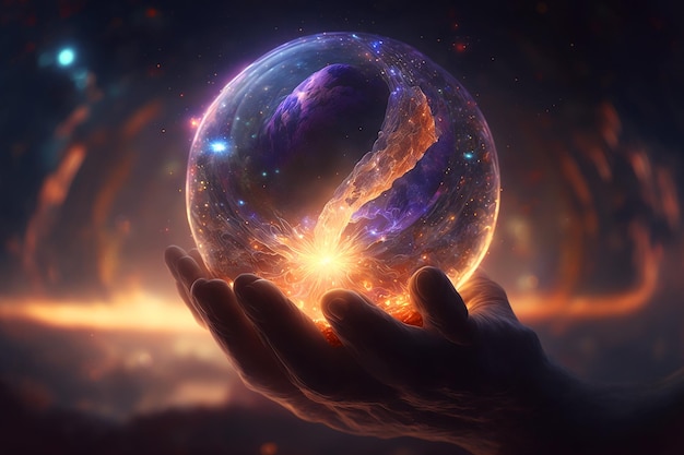 A hand holding a sphere with a purple galaxy in the center.