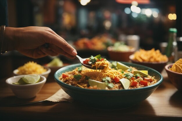 Hand holding spoon and nacho near mexican food