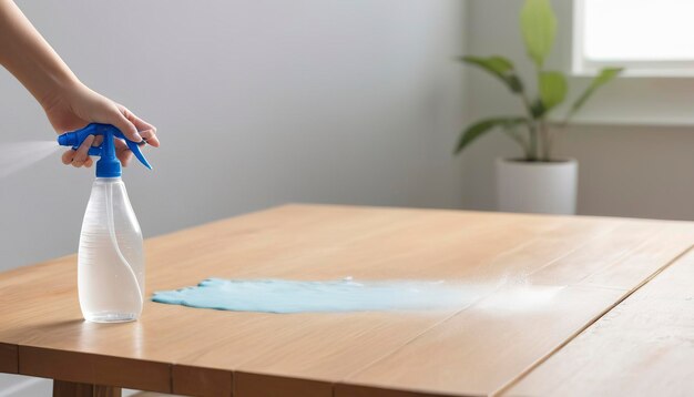 hand holding spray bottle watering plan on table with copy space