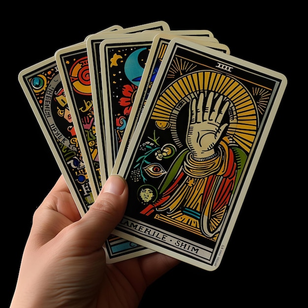 검은색 배경에 타로 카드를 펴고 있는 손, 에소테릭과 예언 테마, 신비주의 및 점성술 요소, 인공지능