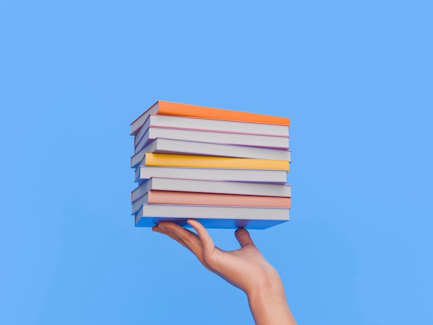 Рука держит стопку красочных книг на голубом фоне