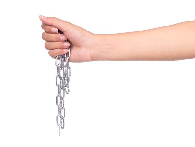 hand holding Steel chain isolated on white background