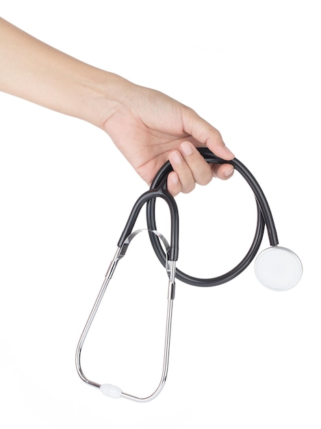 Hand holding stethoscope isolated on white background
