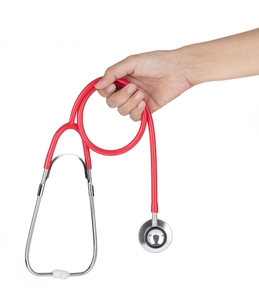 Hand holding stethoscope isolated on white background