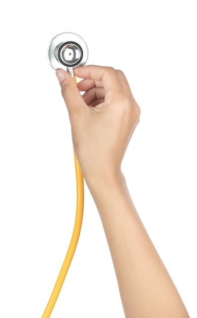 Hand holding stethoscope isolated on white background