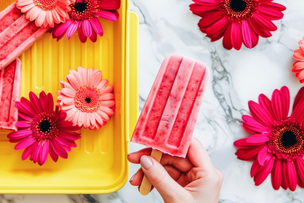 Photo hand holding a strawberry ice pop over a yellow tray surrounded by pink flowers