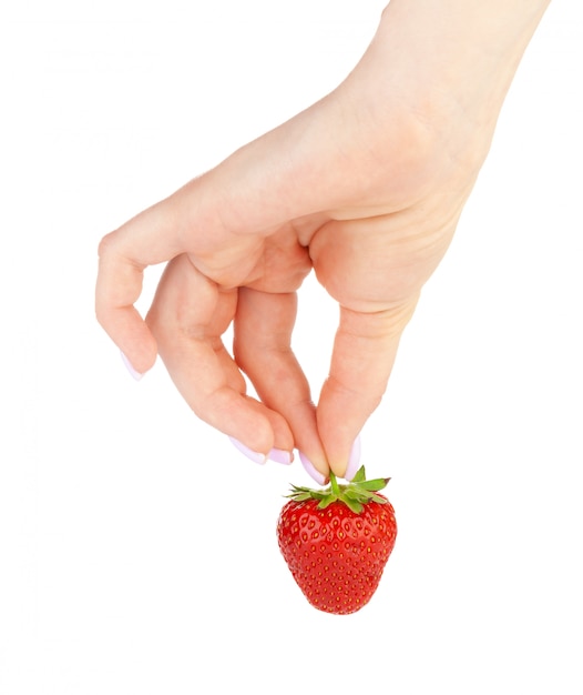 Hand holding a strawberry isolated. Close up.