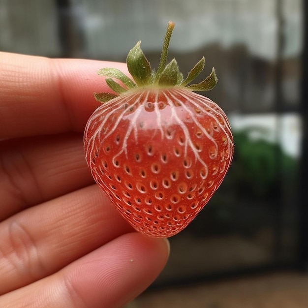 A hand holding a strawberry with the green leaves on it.