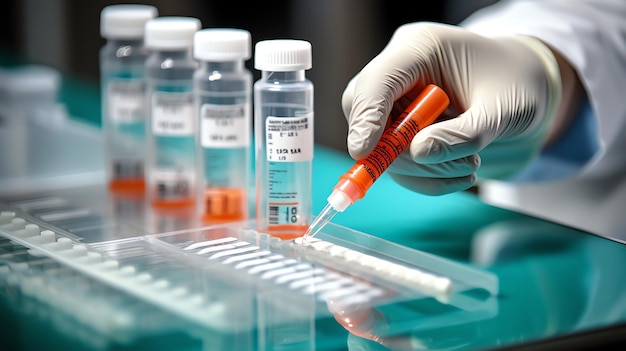 Photo a hand holding a syringe over a test tube