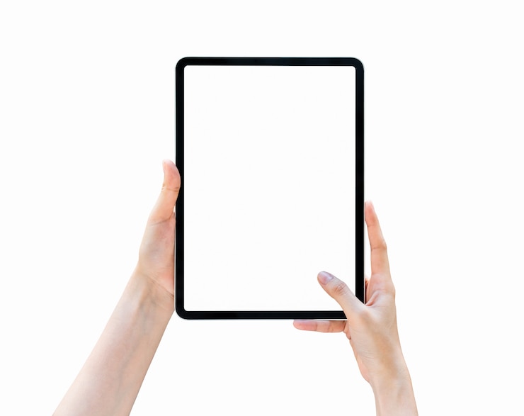 Photo hand holding tablet blank screen on isolated. 
