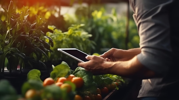 写真 温室でタブレット ビューの水耕植物を持っている手