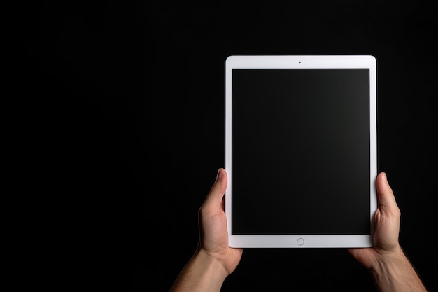 Hand holding tablet with mockup blank screen isolated on black background with copy space