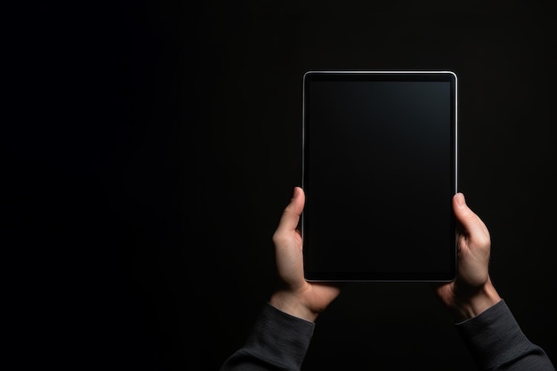Рука держит планшет с пустым экраном макета, изолированным на черном фоне с копировальным пространством