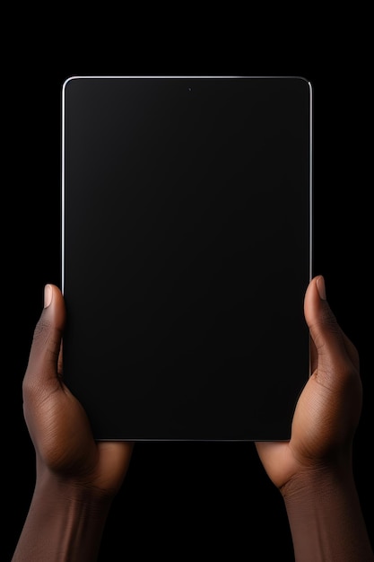 Hand holding tablet with mockup blank screen isolated on black background