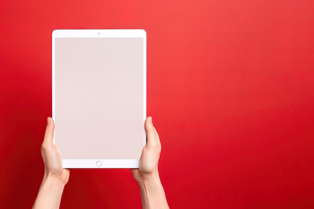 Hand holding tablet with mockup blank screen isolated on red background with copy space