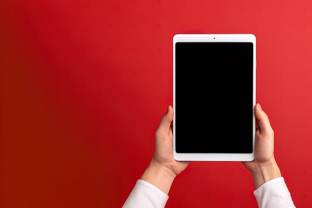 Hand holding tablet with mockup blank screen isolated on red background with copy space