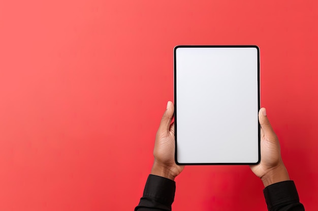 Photo hand holding tablet with mockup blank screen isolated on red background with copy space