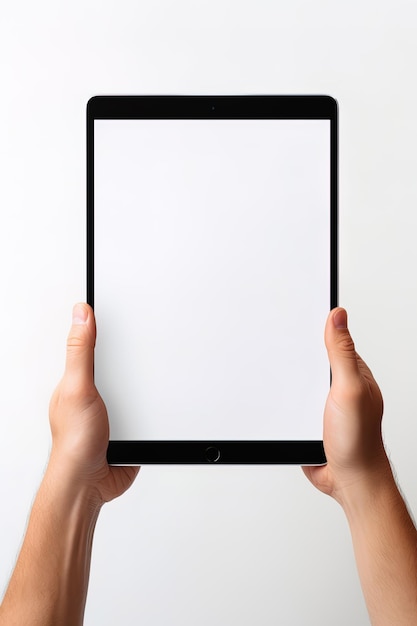 Foto mano che tiene il tablet con schermo vuoto mockup isolato su sfondo bianco