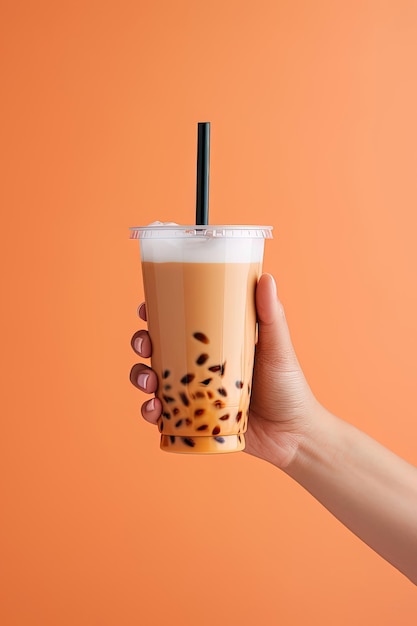 A hand holding takeaway plastic cup of iced bubble milk tea and black pearls