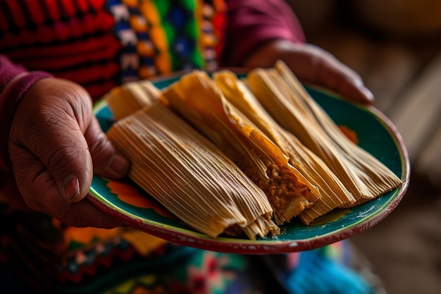 Hand holding tamales on a colorful plate