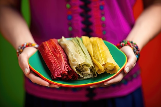 Foto tenendo in mano i tamale su un piatto colorato