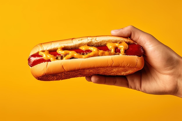 Hand holding tasty hot dog on a yellow background