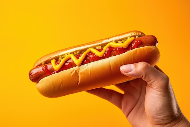 Hand holding tasty hot dog on a yellow background