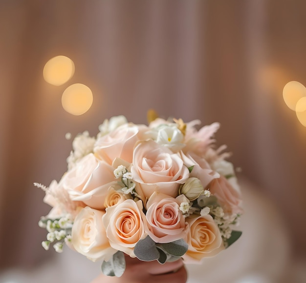 Hand holding tender Bride039s wedding bouquet with pastel pink roses over blurred background