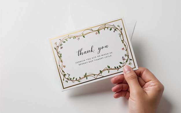 A hand holding a Thank You card with an elegant design isolated on WHITE background