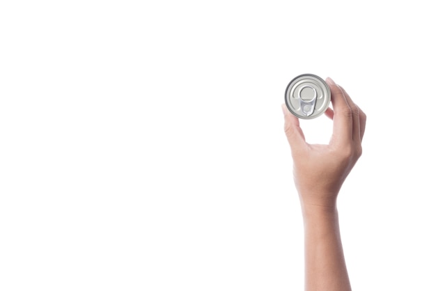 Hand holding tin or steel can made of aluminium for food